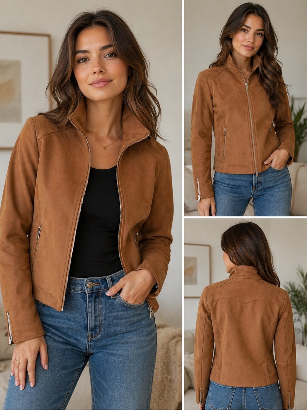 NEW Classic Brown Suede Look Zip-Front Women’s Jacket